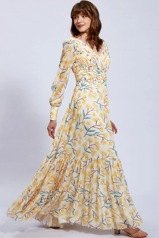 Puff Long Sleeves V Neck Floral Chiffon Yellow Evening Gown Y2K floral dresses