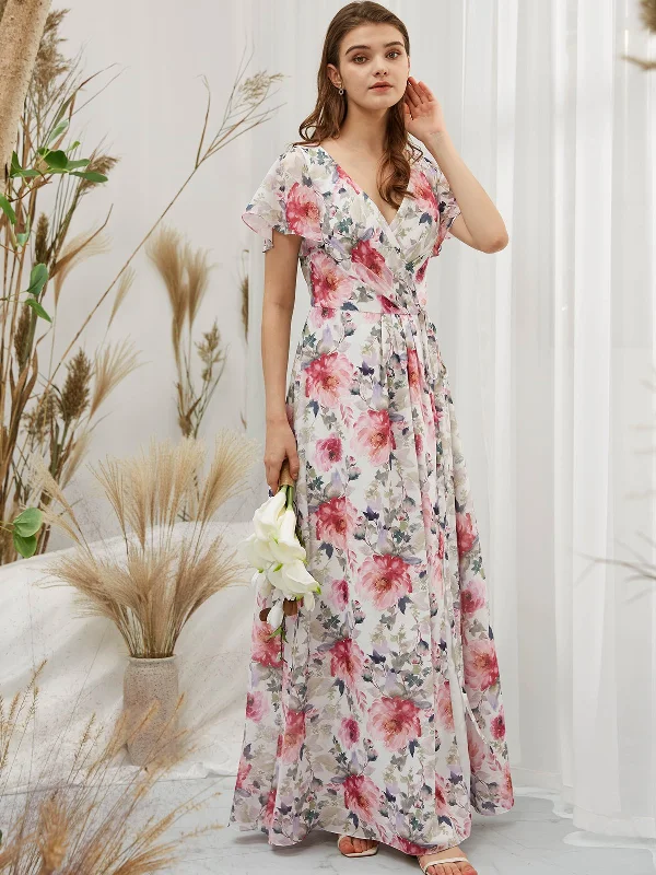 Short Sleeves V Neck Chiffon Print Floral Fuchsia Floor Length Formal Gown Preppy floral dresses