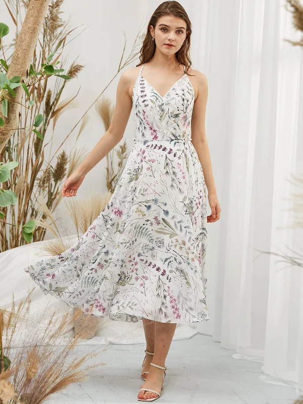 Spaghetti Straps V Neck Chiffon Print Floral Ivory Tea Length Formal Gown Minimalist floral dresses