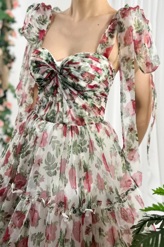 Strapless Rose Print Organza Dress with Removable Tie Straps Linen floral dresses