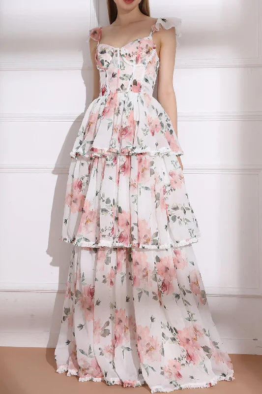 Straps Corset Floral Print Chiffon Tiered Dress Expensive floral dresses