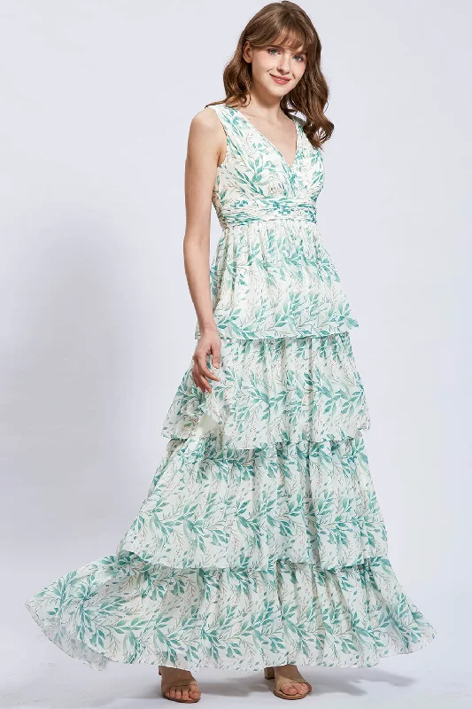 Straps V Neck Floral Chiffon Sage Tiered Formal Evening Gown Best floral dresses for beach vacations