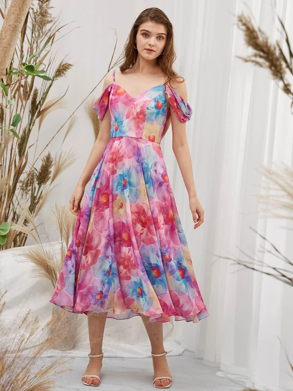 Straps V neck Off the Shoulder Chiffon Print Floral Fuchsia Tea Length Formal Gown Plus size floral dresses