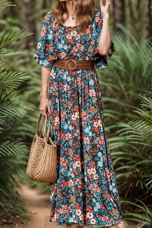 Blue Zone Planet |  Tied Printed Round Neck Half Sleeve Dress Smocked floral dresses