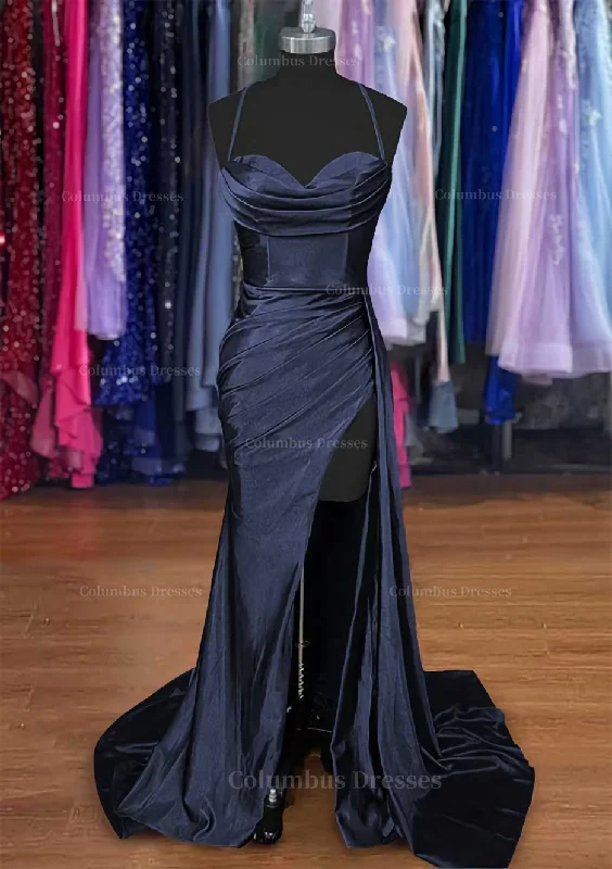 A-line Sweetheart Spaghetti Straps Sweep Train Silk like Satin Ruched Prom Dress Velvet unclassified dresses