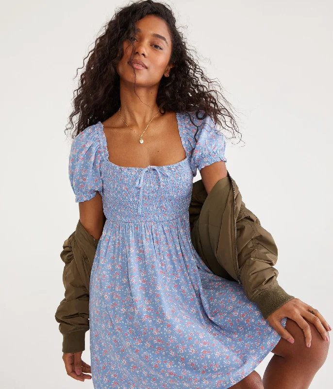 Aeropostale Floral Square-Neck Smocked Mini Dress Mini Skirt with Bow