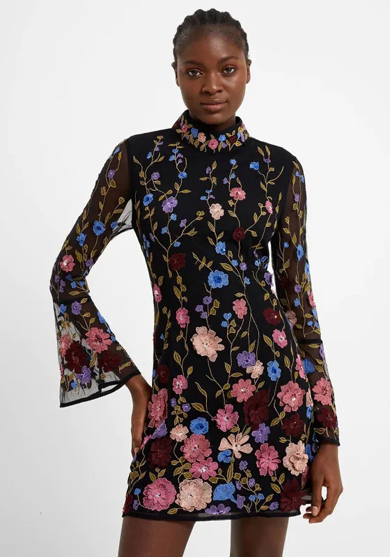 French Connection Astrida Floral Embellished Mini Dress, Black Multi Skater Mini Skirt