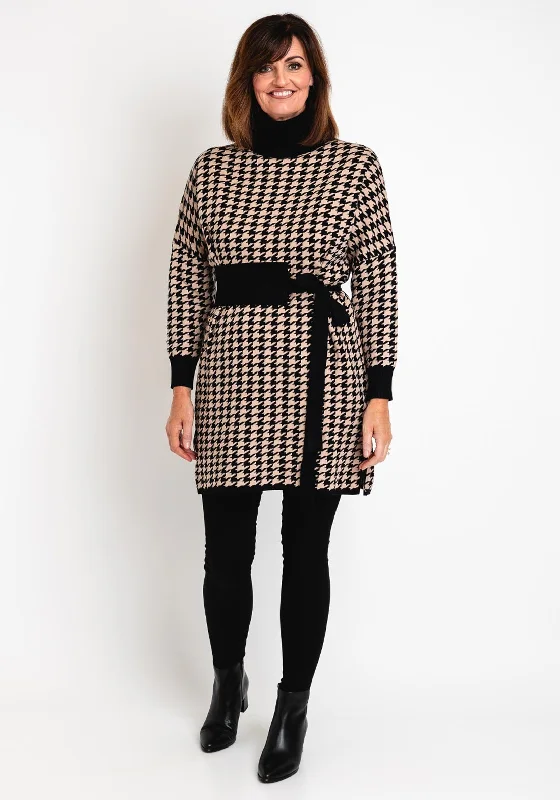 Serafina Collection Houndstooth Mini Jumper Dress, Black & Beige Button-up Mini Skirt