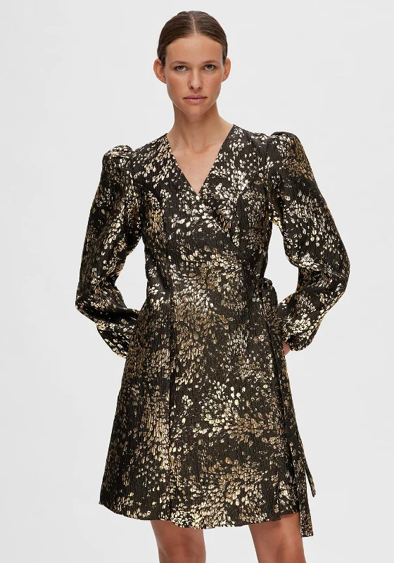 Selected Femme Paula Metallic Jacquard Mini Dress, Antique Gold Mini Skirt Outfit