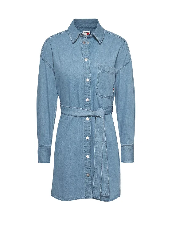 Tommy Jeans Womens Belted Denim Mini Shirt Dress, Denim Medium High-Waisted Skater Skirt