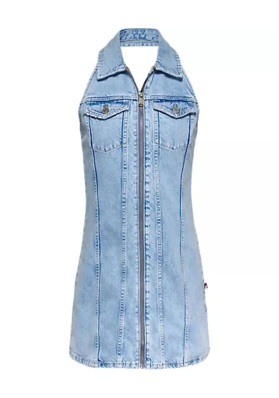 Tommy Jeans Zip Halter Neck Mini Dress, Light Denim Mini Skirt Style