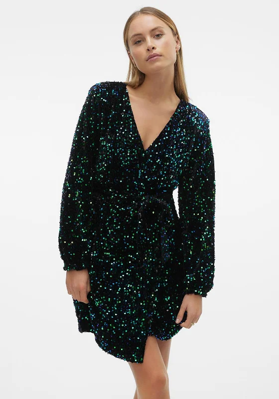 Vero Moda Bella Sequin Wrap Mini Dress, Black Trendy Mini Skirt