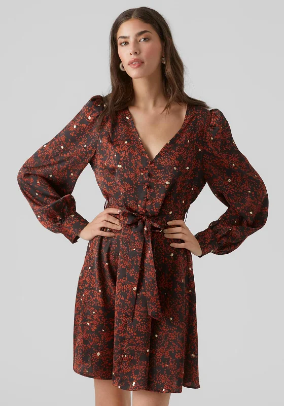 Vero Moda Eya V-Neck Mini Print Dress, Red Ochre Mini Skirt with Pockets