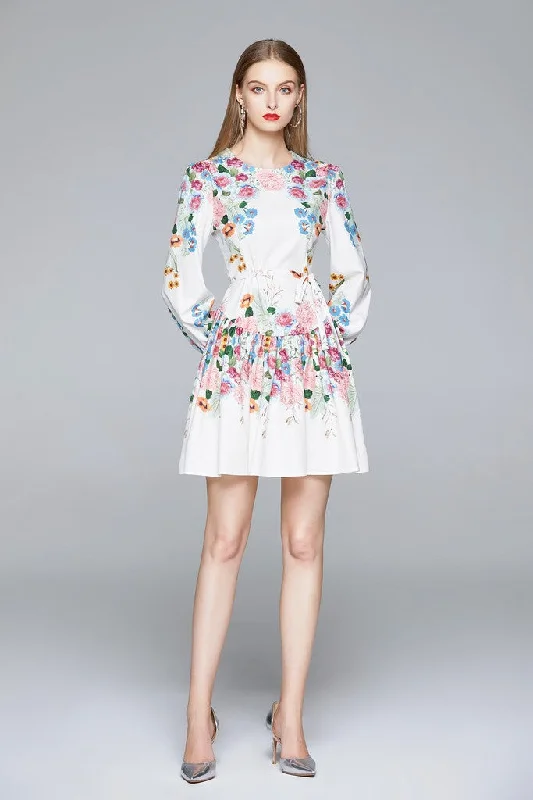 WHITE & MULTICOLOR FLORAL PRINT Day A-line Crewneck Long Sleeve Mini Dress Retro Mini Skirt