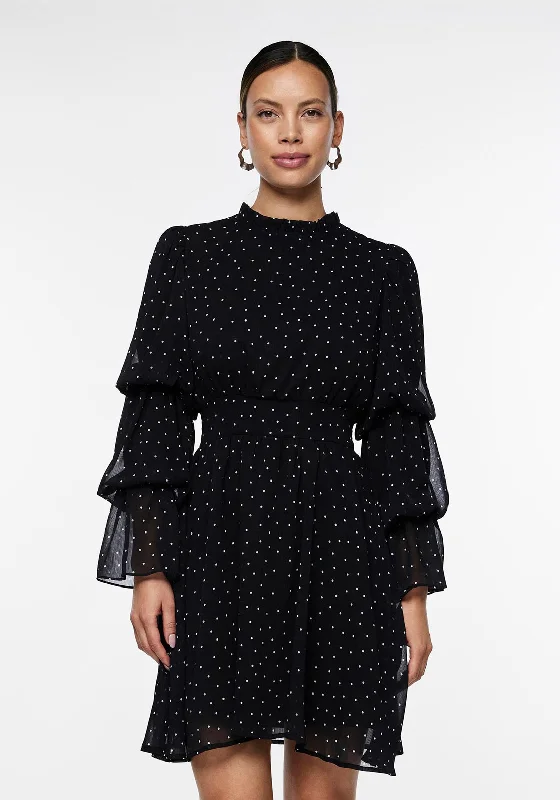 Y.A.S Eleanor Ruffle Sleeve Polka Dot Mini Dress, Black Soft Pleated Skirt