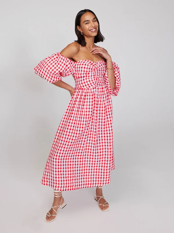 Alexis Red Gingham Bardot Midi Dress Soft A-line Skirt