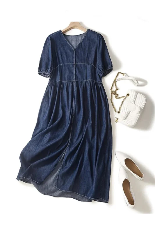 Casual Loose Short Sleeve Denim Shirt Dress Women Autumn Midi Dress Patchwork Streetwear Sundress Casual Midi Outfit