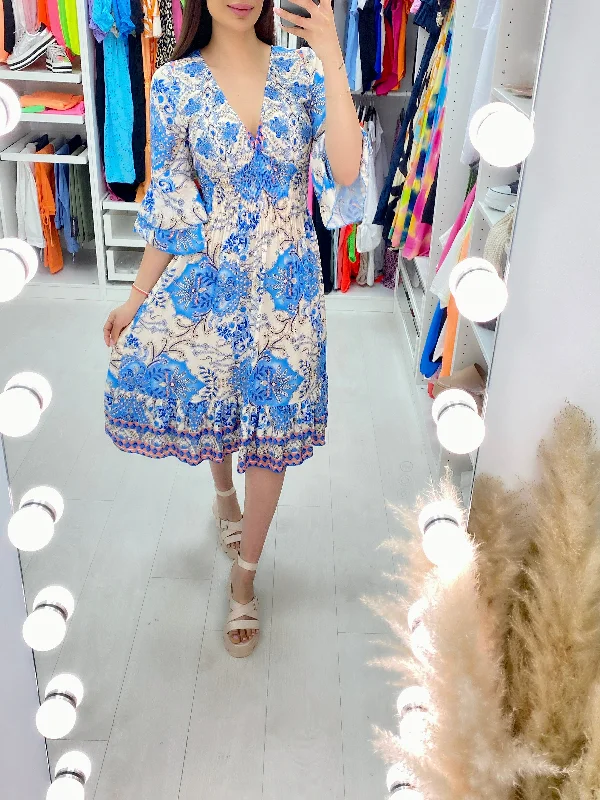 Kove Blue Paisley Print Ruffle Hem Midi Dress Bohemian Midi Skirt