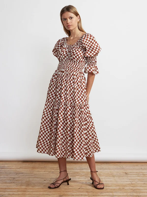 Margot Brown Wavy Checker Midi Dress High-Waisted Midi Skirt