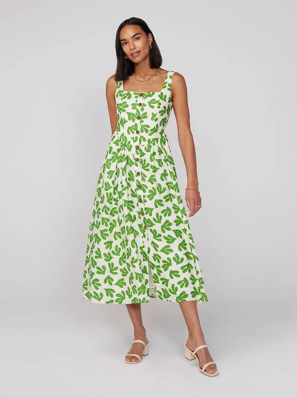 Olympia Leaf Print Midi Dress Lace-up Midi Skirt