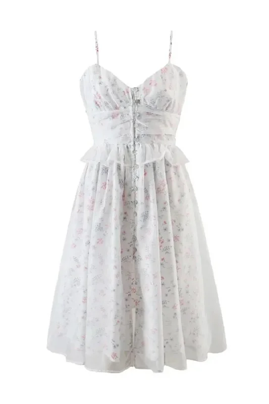 Princess White Floral Ball Gown Sling Organza Dress Women Buttons Slit Spliced Wood ears Swing Midi Fairy Wrap Midi Skirt