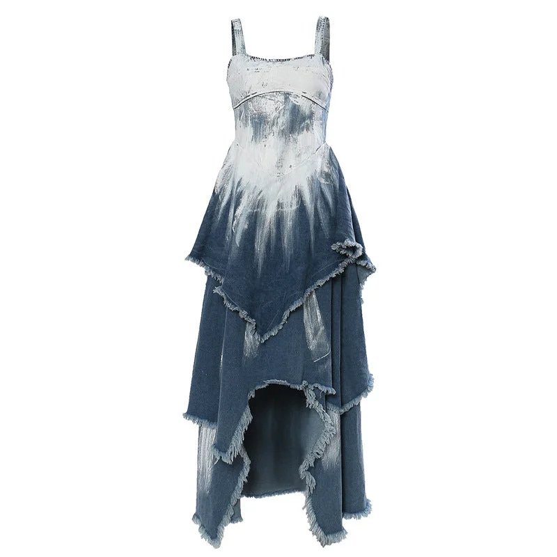 Printed Denim Sleeveless Vest Design Midi Dress Pleated Midi Skirt