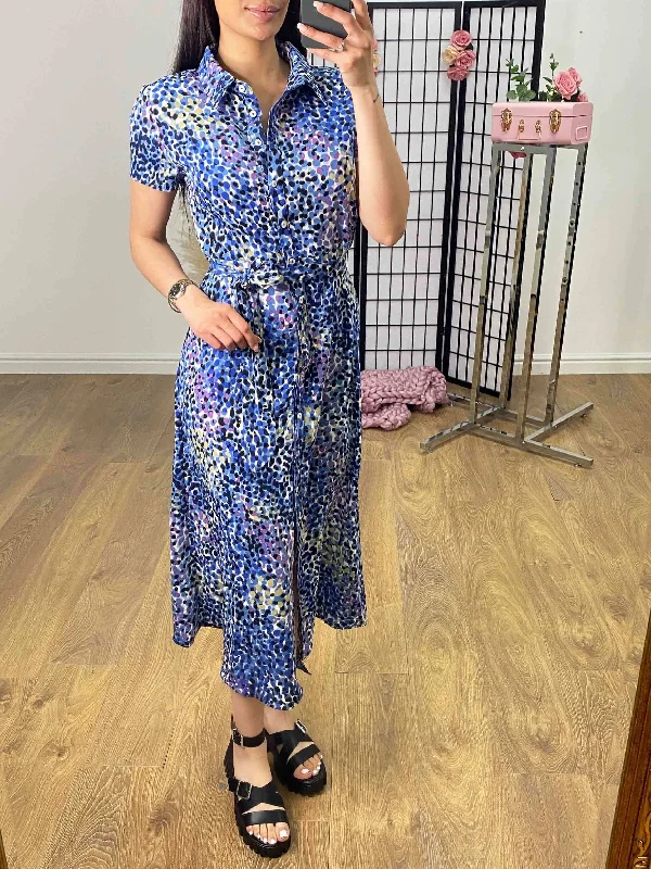 Ravian Multi Blue Graphic Print Midi Shirt Dress Embroidered Midi Skirt