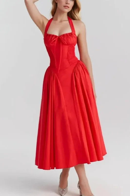 Red Corset Style Bow Halter Dress Spliced Lace Drawstring Rope Chest Pleated Slim Low Waist Folded Swing Midi Robe Bright Midi Skirt