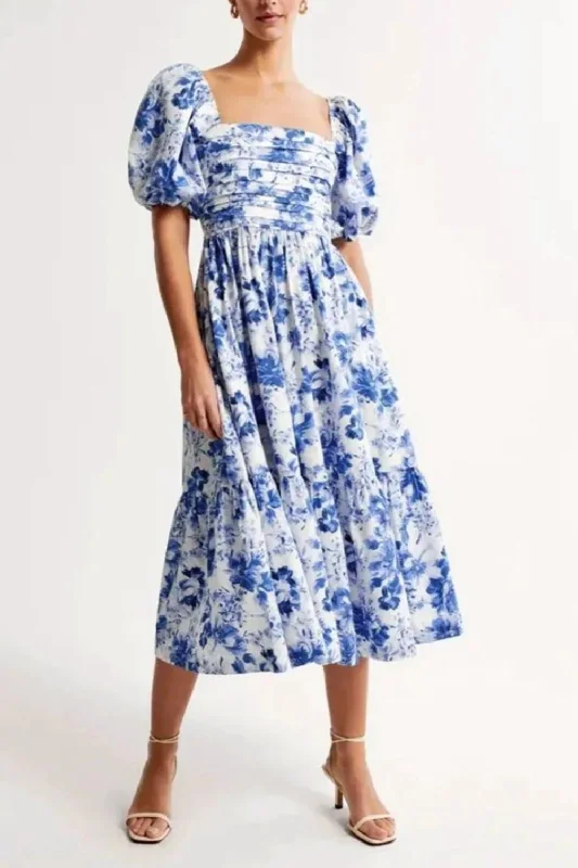 Summer Flower Dress Women Puff Sleeve Pleated Midi Dresses Casual Holiday Chic Midi Skirt