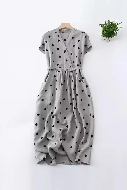 Summer Women Dresses Elegant Short Sleeve Drawstring Midi Dress Vintage Polka Dot Sundress Sexy Midi Skirt