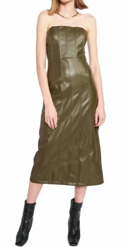 Vegan Leather Midi Dress in Olive Button-down Midi Skirt