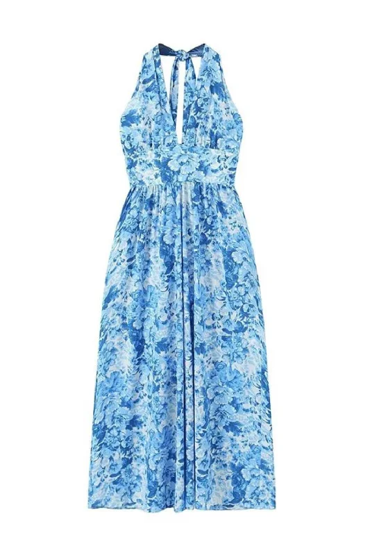 Women Backless Halter Blue Floral Midi Dresses Sleeveless Female Holiday Summer Dresses Floral Midi Skirt