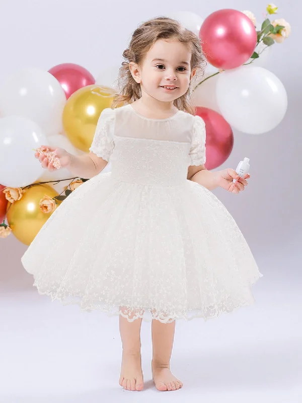 Ball Gown Scoop Puff Sleeves Flower Girl Dresses with Lace Layered Lace Dress