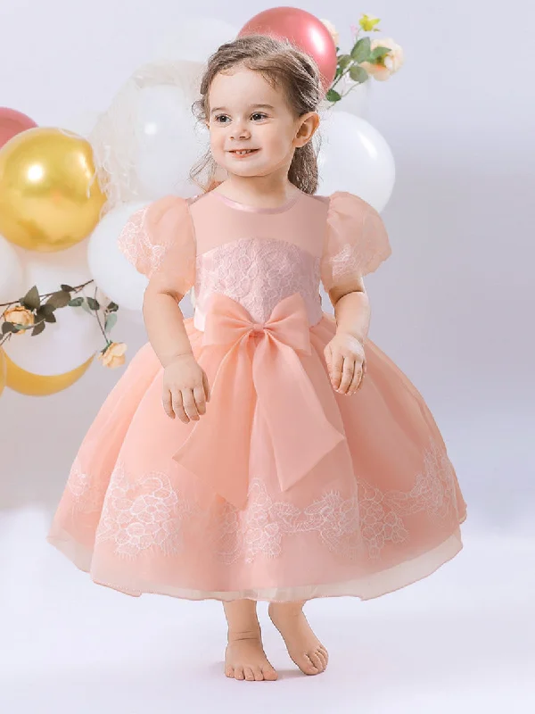 Ball Gown Scoop Puff Sleeves Flower Girl Dresses with Lace Lace Cocktail Dress