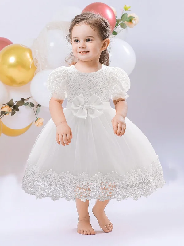 Ball Gown Scoop Puff Sleeves Flower Girl Dresses with Lace Lace Bodycon Dress