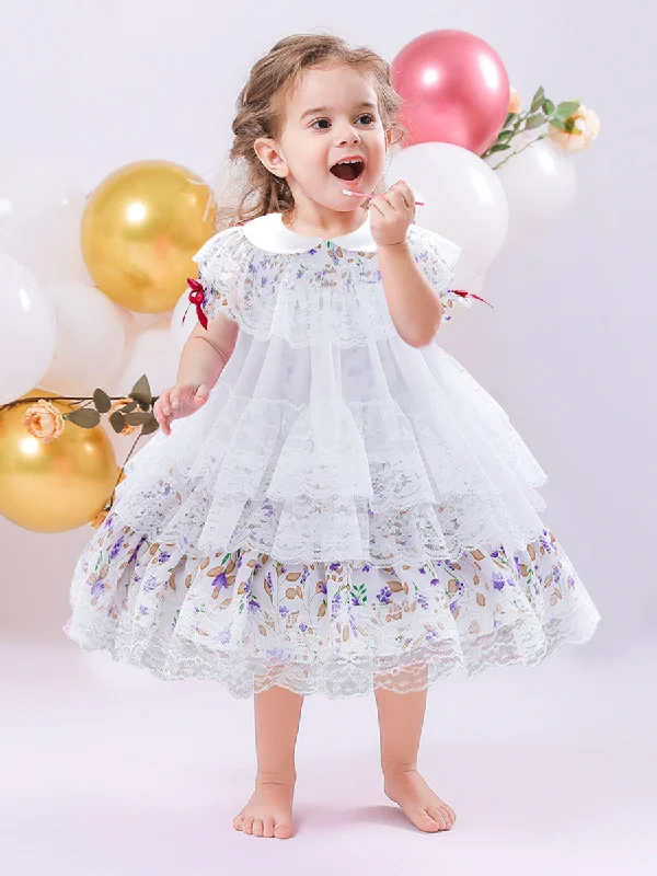 Ball Gown Scoop Puff Sleeves Lace Flower Girl Dresses Off-shoulder Lace Dress