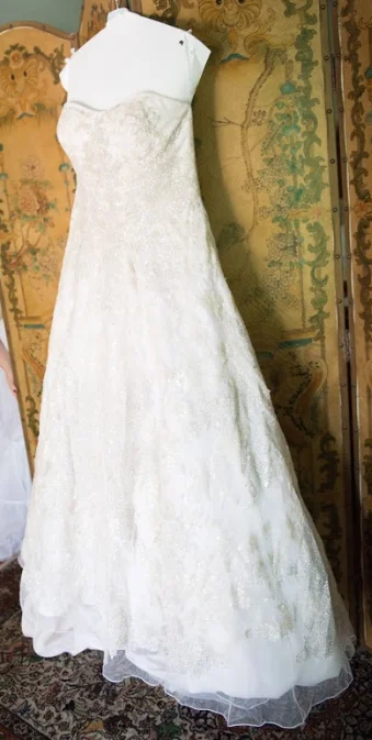 Oleg Cassini Strapless Sweetheart Ball Gown With Silver and Bronze Lace Accen Lace Party Gown