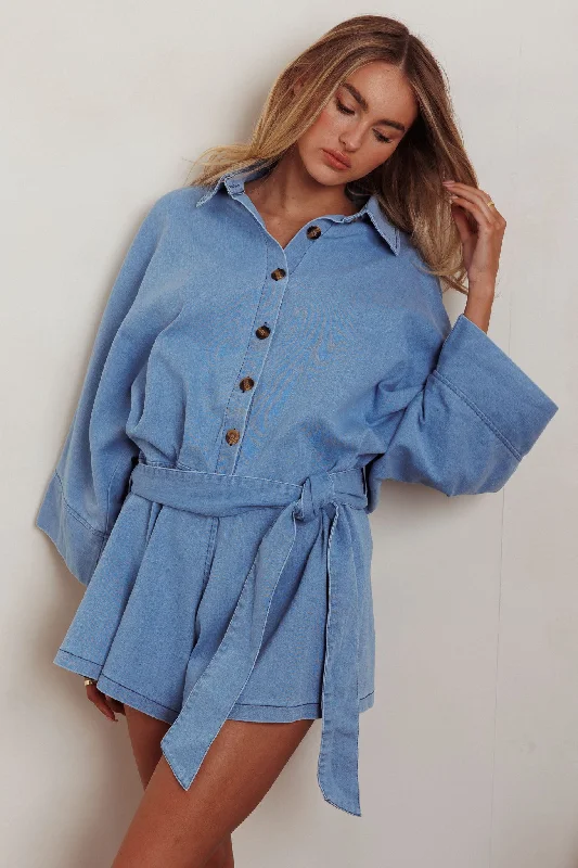 Daytona Beach Button-Up Romper Denim Blue High-Waist Denim Skirt