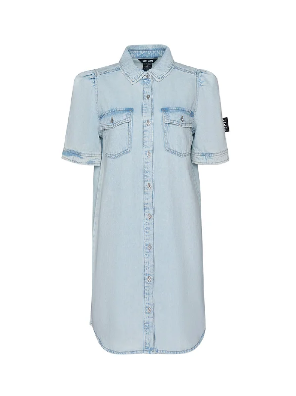 Fresh Denim Button Front Shift Dress Pleated Denim Skirt