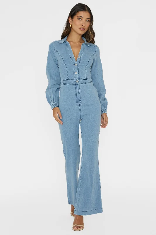 Emilio Long Sleeve Jumpsuit Denim Blue Comfy Denim Skirt