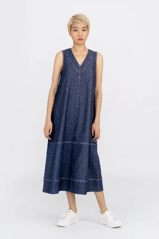 Frances Contrast Stitch Denim Dress Ripped Front Denim Skirt