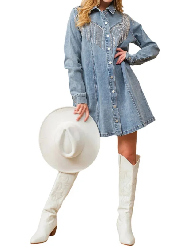 Fringe Denim Dress In Blue Classic Blue Denim Skirt