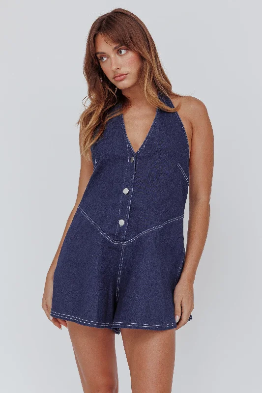 Glowing Halterneck Romper Dark Denim Flowy Denim Skirt