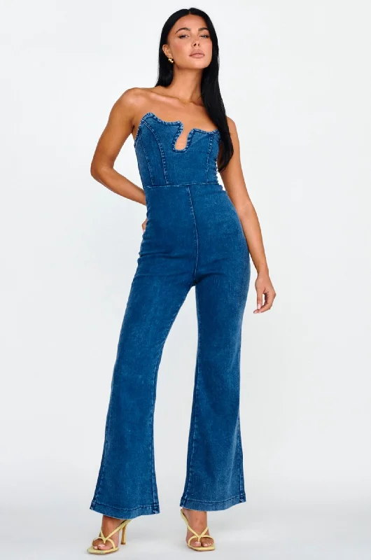 Horizon Strapless Wavy Neckline Jumpsuit Denim A-line Denim Skirt