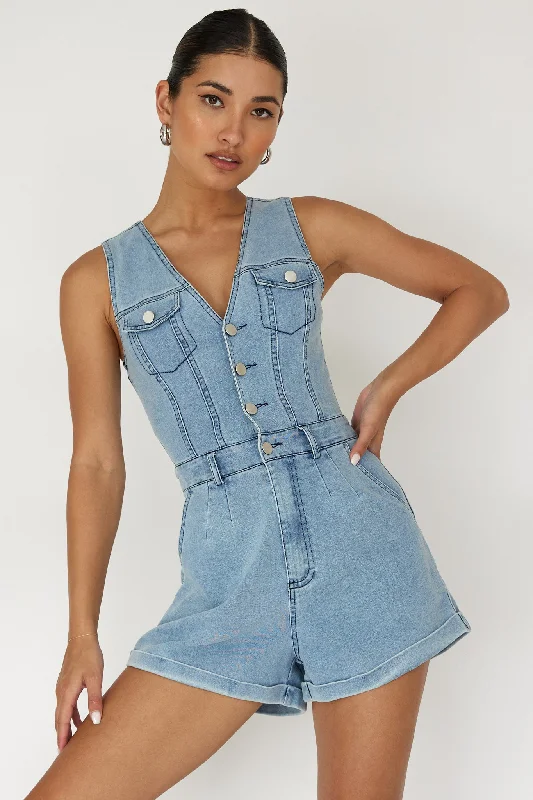 Jazelle Button Front Romper Denim Maxi Denim Skirt