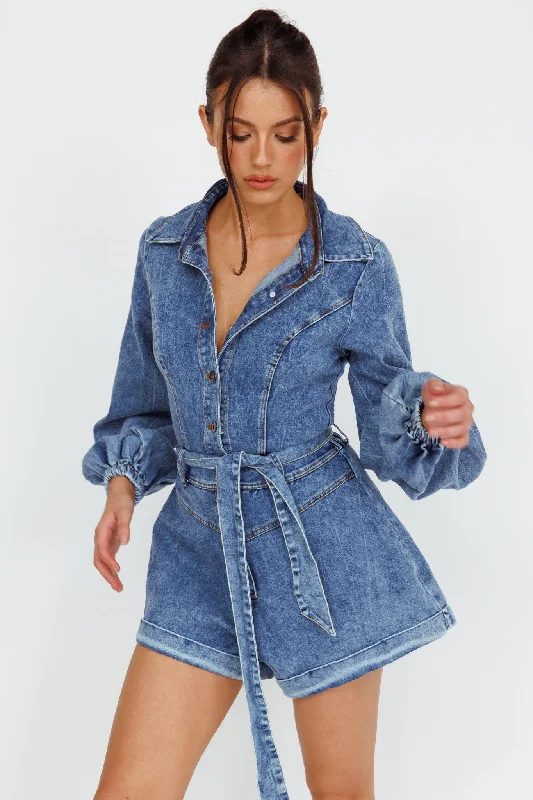 New Day Long Sleeve Button-Up Romper Denim Skirt with Pockets