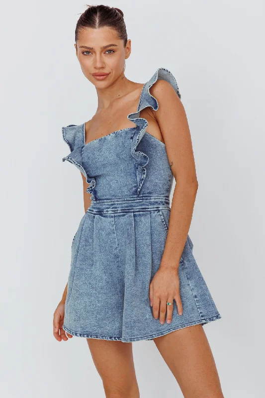 Nola Flared Ruffle Romper Denim Raw Hem Denim