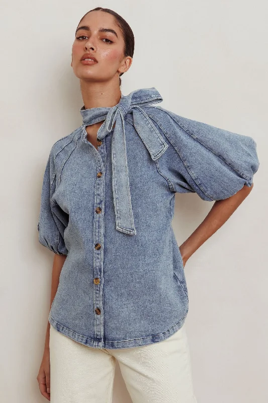 Notice Me Puff Sleeve Neck Bow Top Denim Blue Vintage Denim Skirt