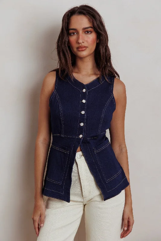 Philomena Button Front Pocket Vest Top Denim High-Waisted Denim Skirt