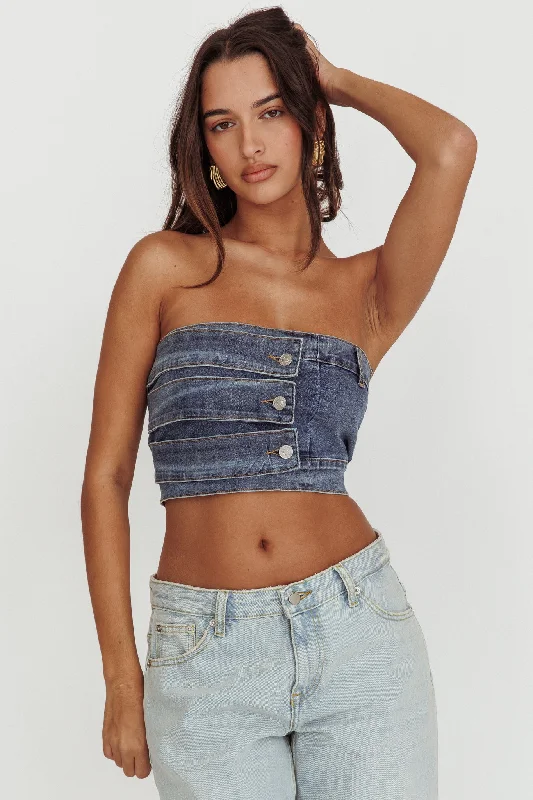 Pop Fizz Strapless Denim Cropped Top Medium Blue Patchwork Denim Skirt